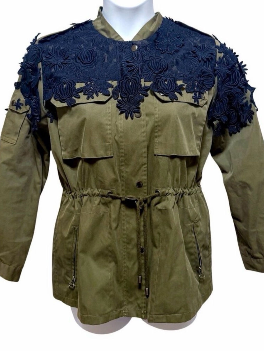SEA New York Embroidered Utility Jacket Olive Green Floral Appliqué Size XS